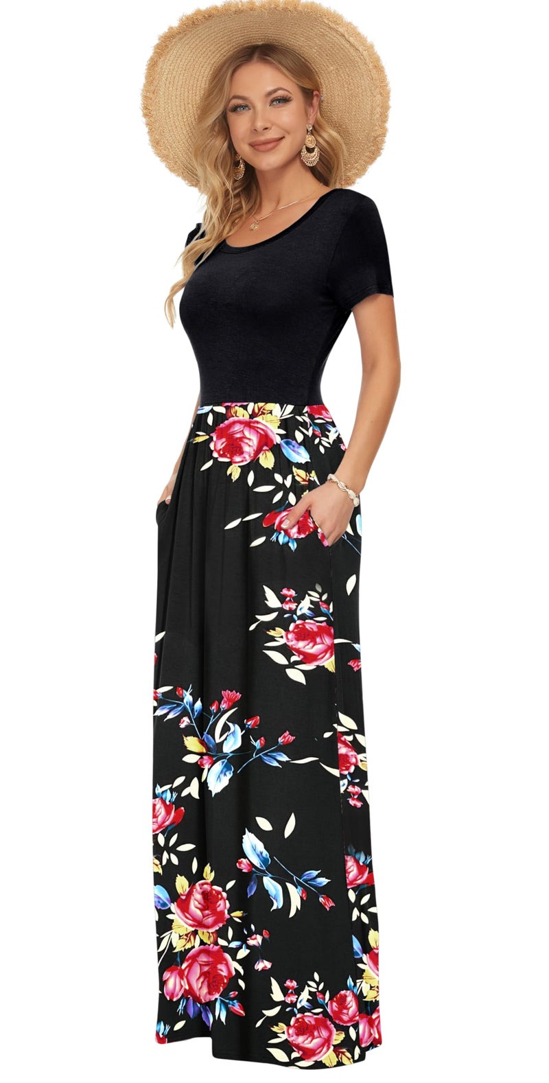 AUSELILY Women's Short Sleeve Loose Plain Casual Long Maxi Dresses for Women 2026 Rose Black S - Image 4